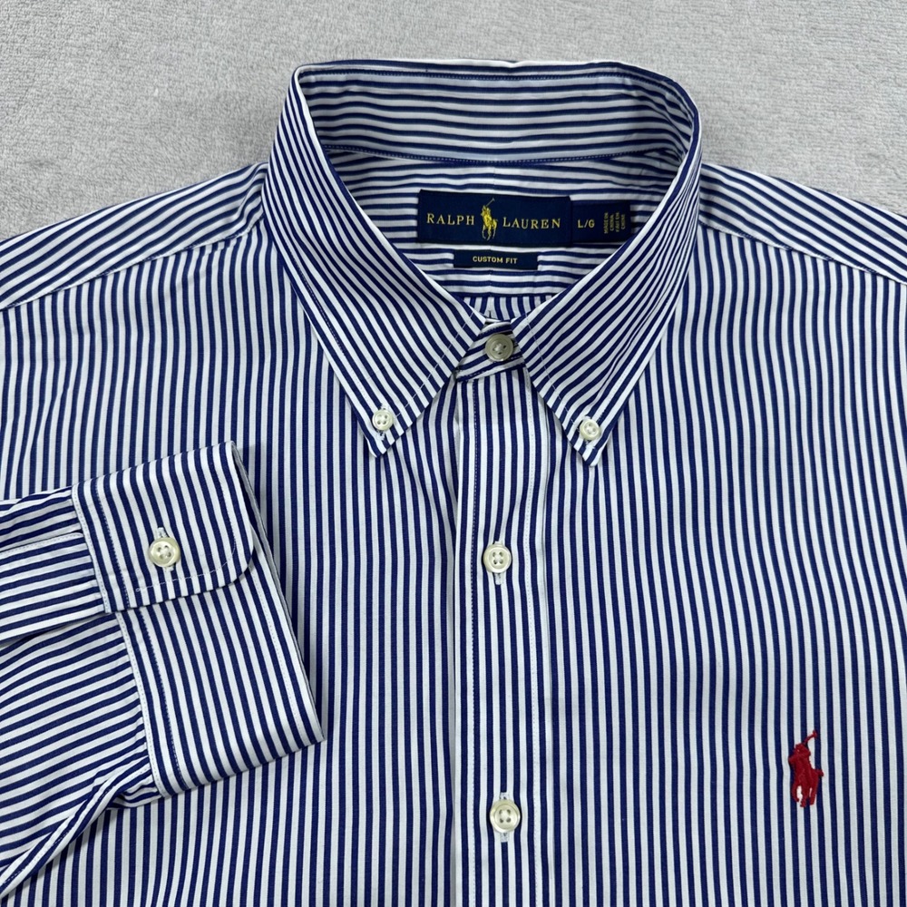 Ralph Lauren Button Down Shirt Mens Large Blue White Striped Custom Fit Cotton